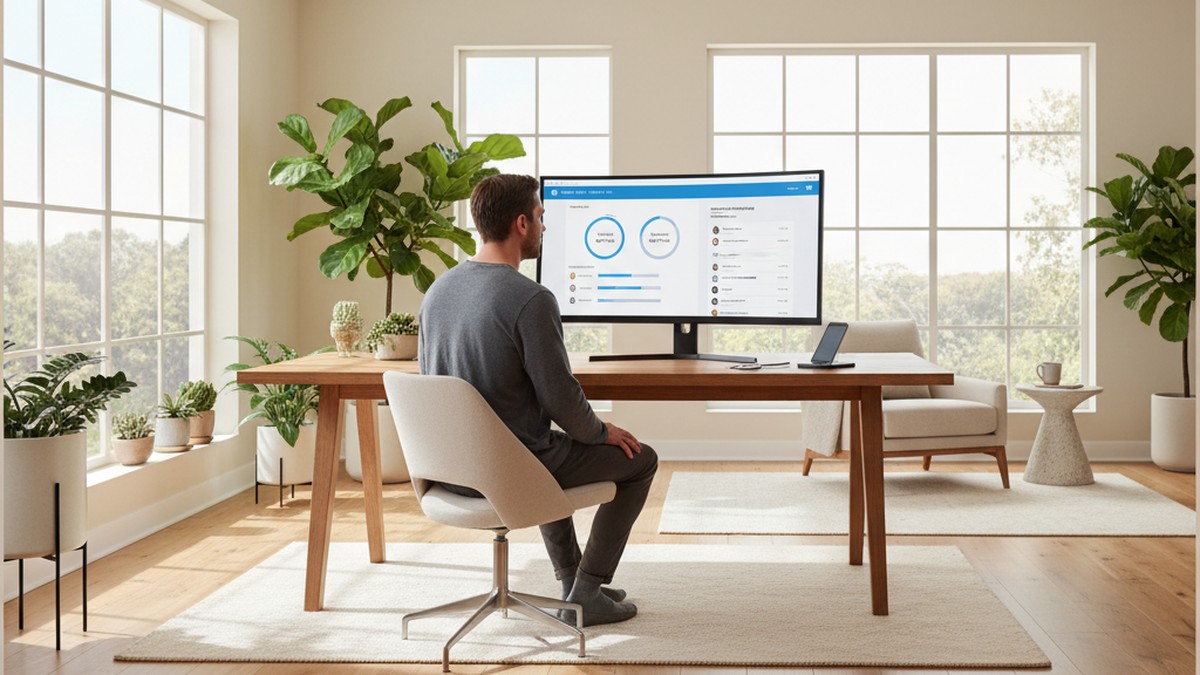 Person reviewing carrier family plan account dashboard on desktop monitor in bright home office