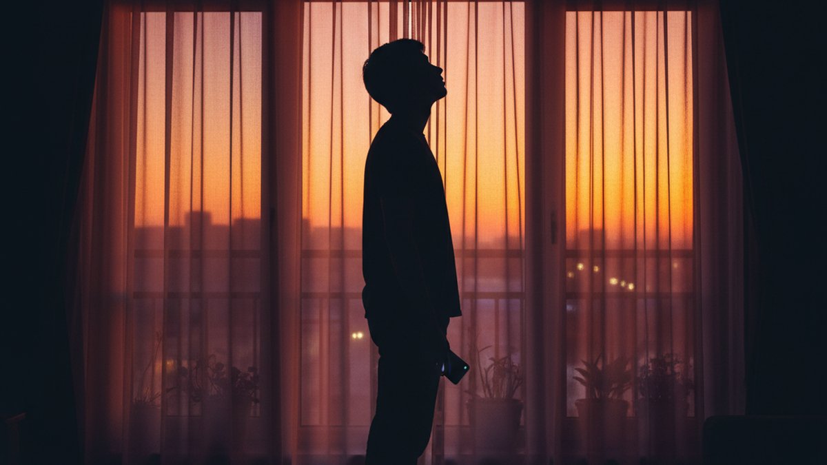 Silhouette of a person standing by a window at dusk, contemplating whether to check their partner's phone