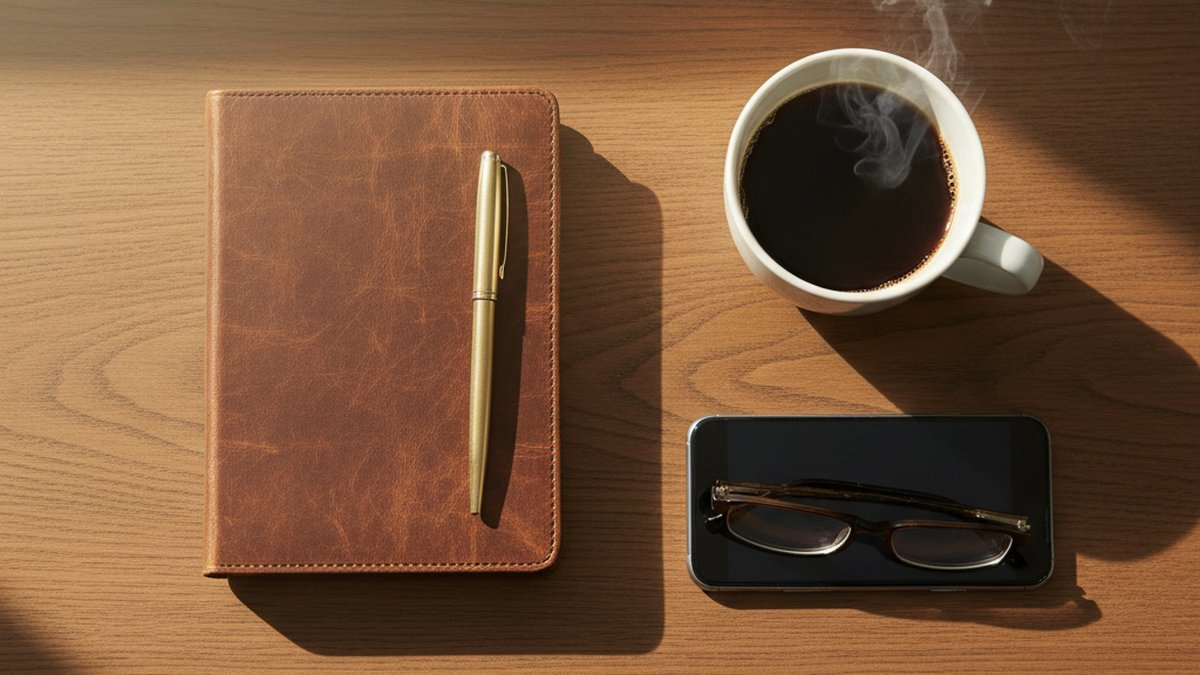 A journal, pen, and coffee on a desk representing healthier alternatives to phone snooping