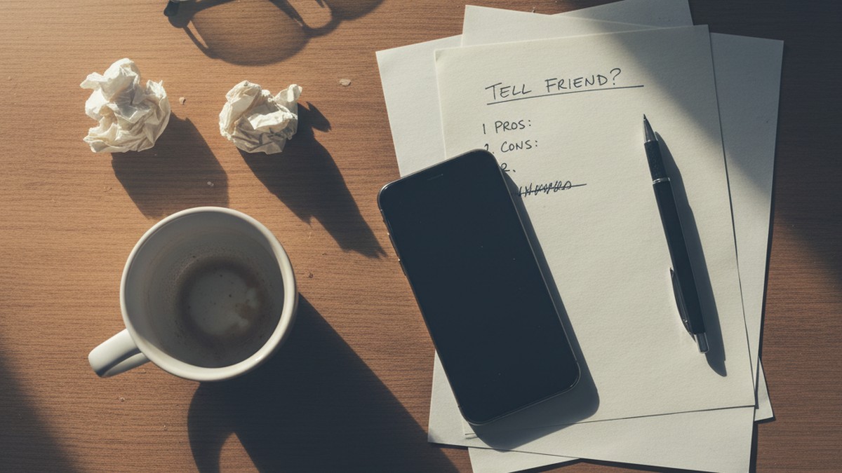 Overhead view of a desk with notes and phone — the tools of a difficult decision