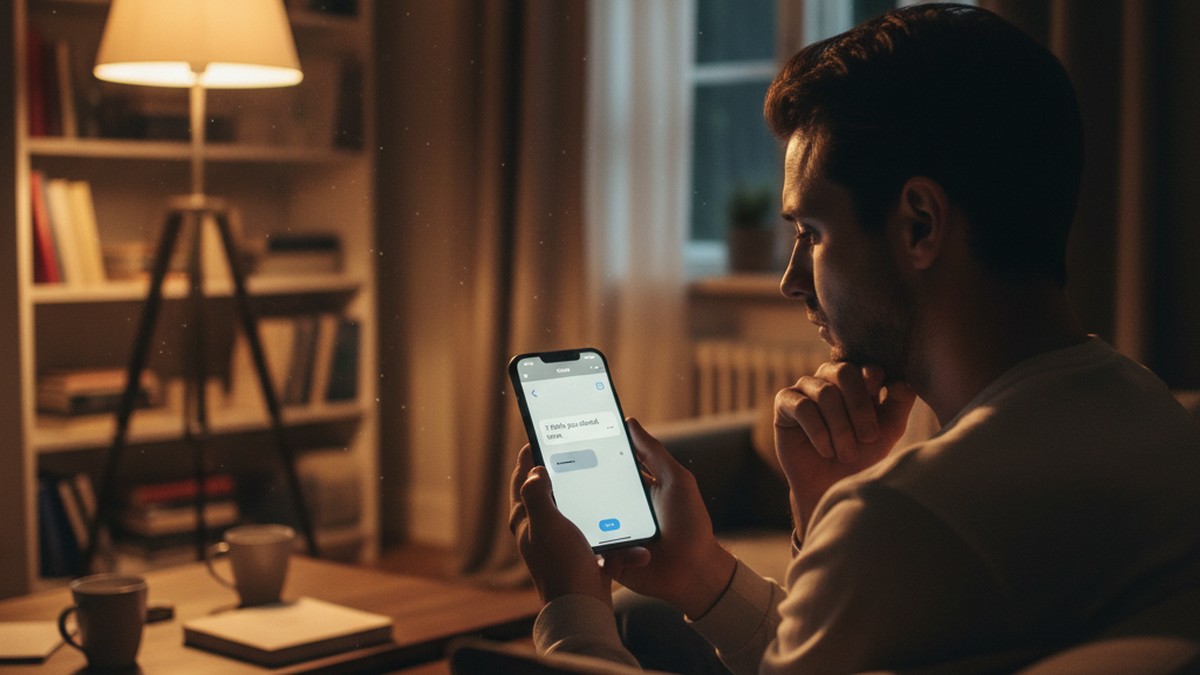 Person composing a message on phone, hesitating before sending difficult news to a friend
