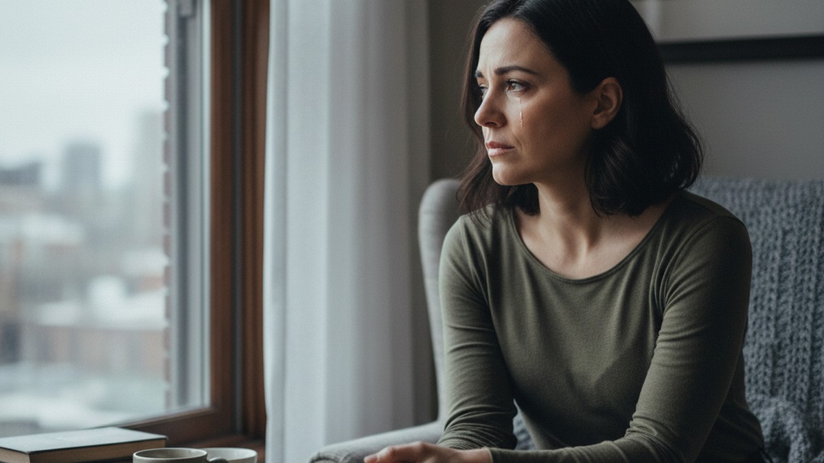 Woman sitting by window with pensive expression after a difficult conversation about cheating