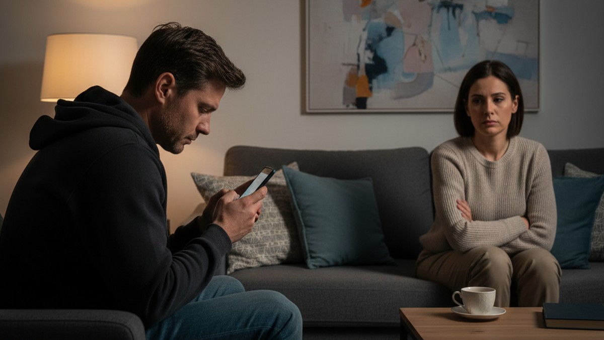 Couple on couch with one partner guarding phone, showing signs of emotional cheating