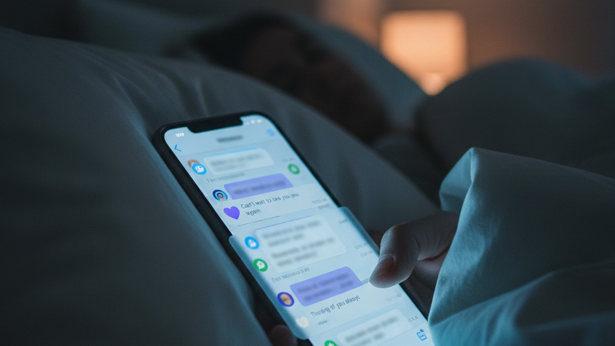 Phone with messaging notifications at night showing texting affair escalation