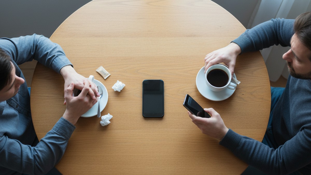 Overhead view of kitchen table conversation about emotional cheating concerns