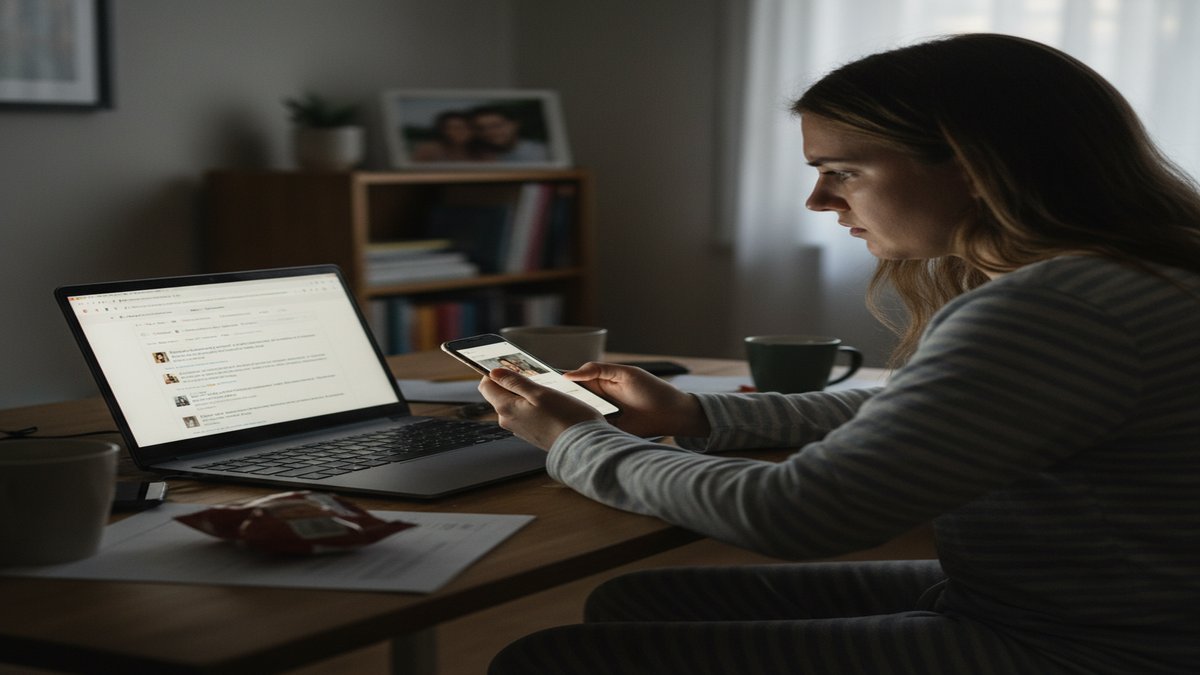 Person searching on laptop for hidden dating profiles late at night