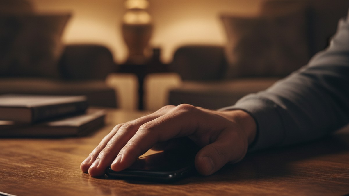 Hand resting protectively over a face-down smartphone on a table, suggesting phone secrecy