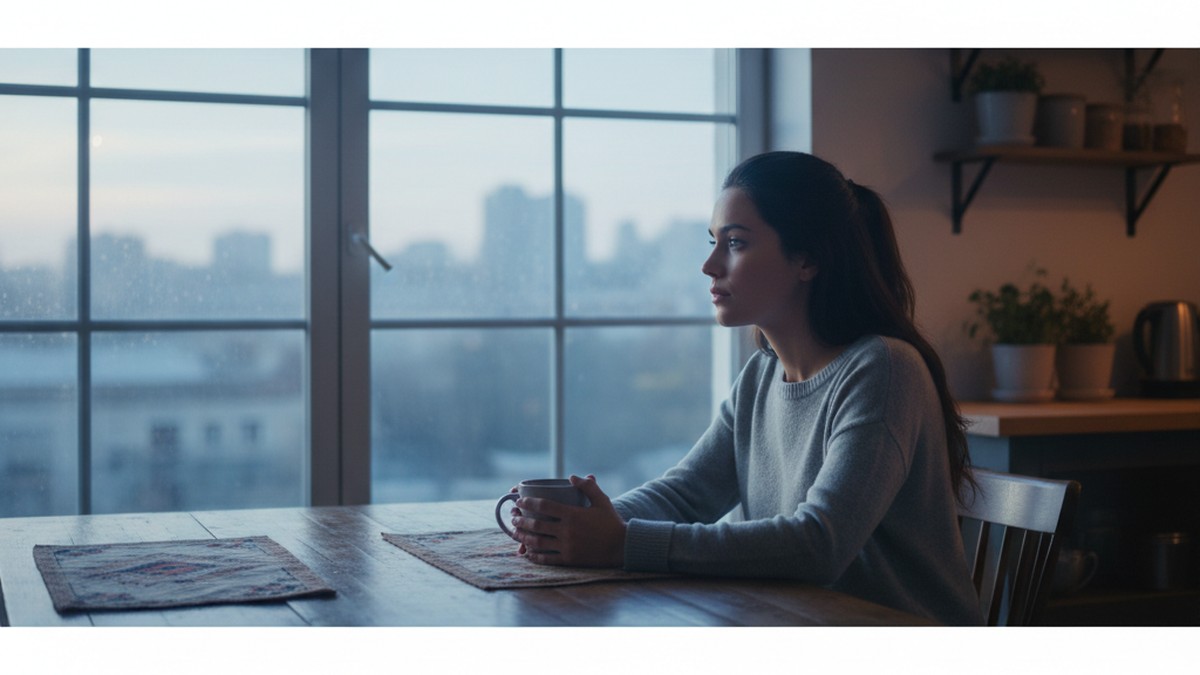 Woman sitting alone at dawn looking out window, reflecting on relationship concerns