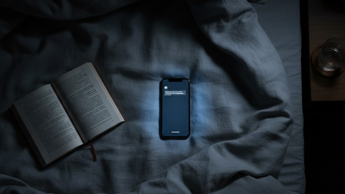 Smartphone lit up with a notification glow on a nightstand at night