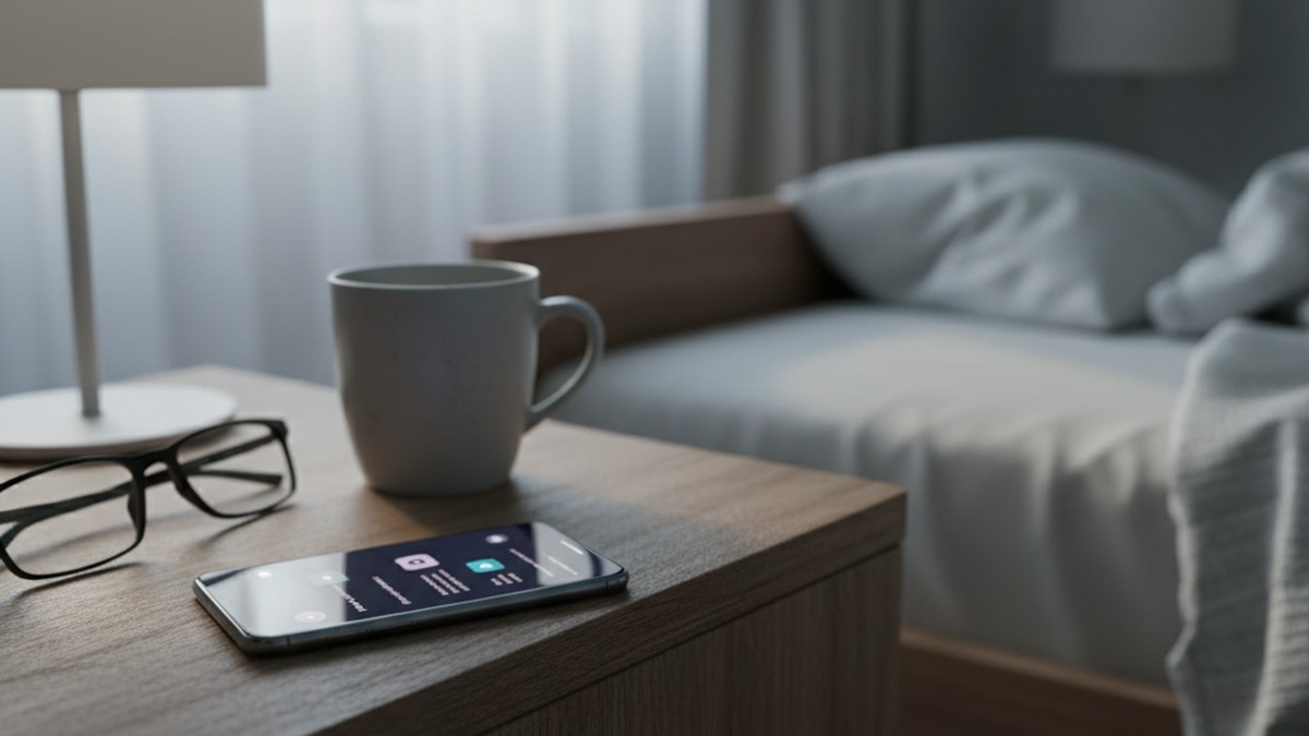 Smartphone face-down on nightstand suggesting partner phone secrecy