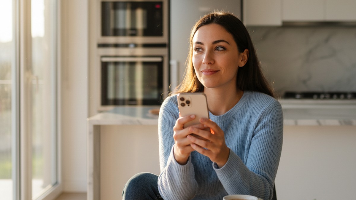 Woman at kitchen table reading a message on her phone with a suppressed smile