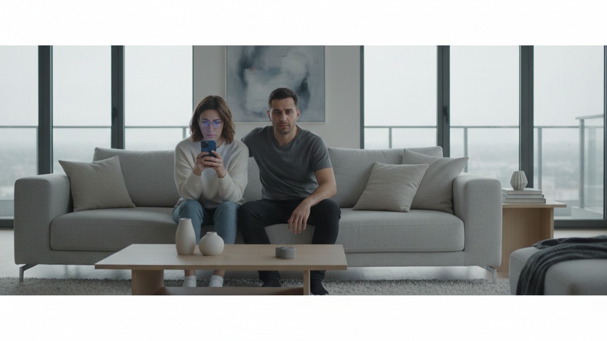 Couple sitting apart on sofa, one on phone, the other looking on with quiet concern