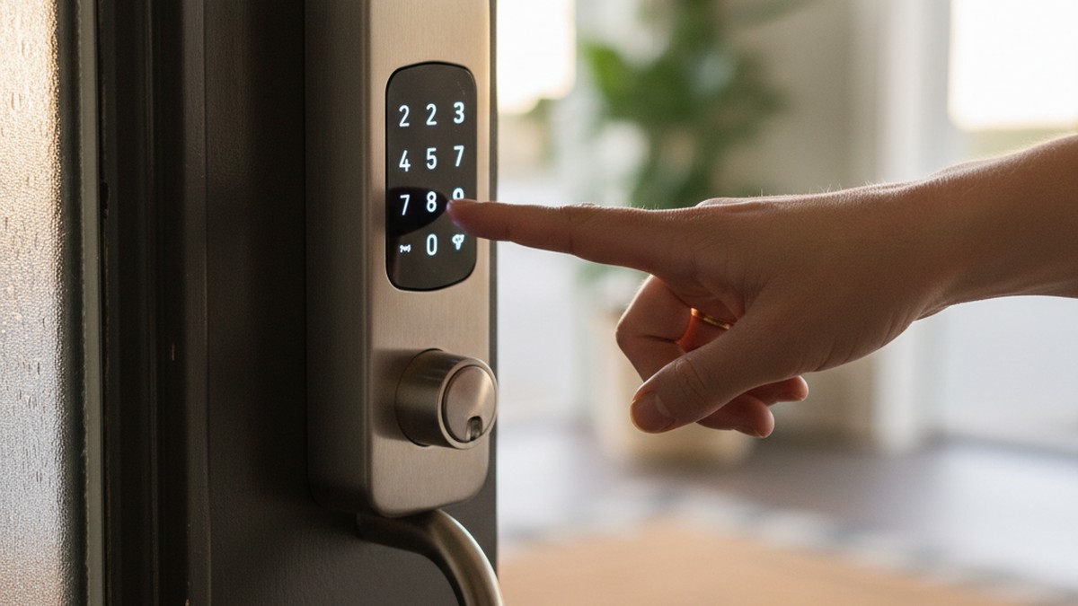 Hand pressing keypad on illuminated smart lock mounted on front door