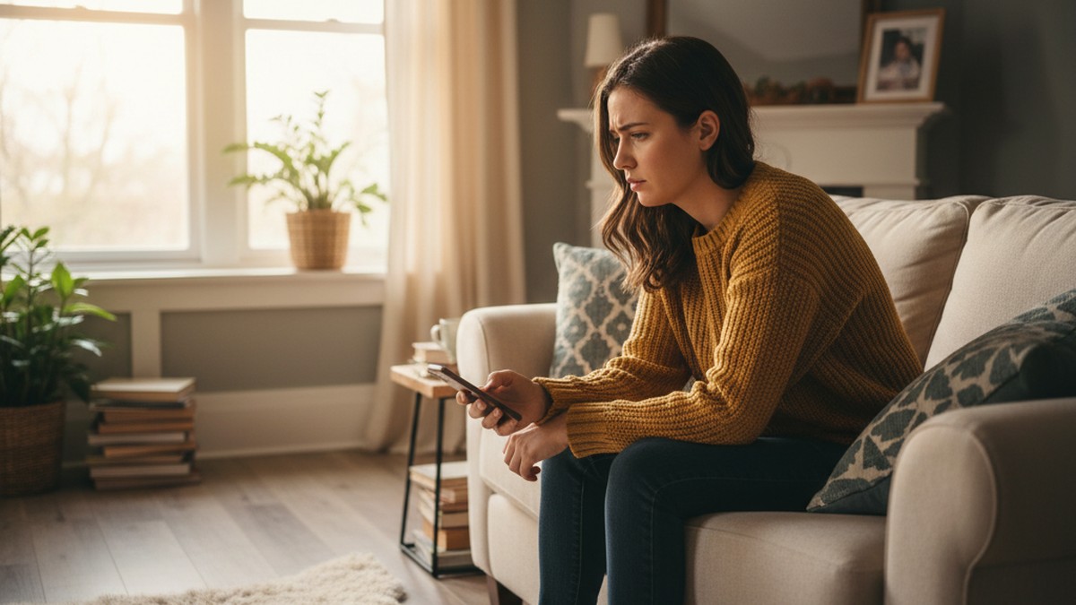 Woman sitting alone on couch contemplating evidence found on partners phone