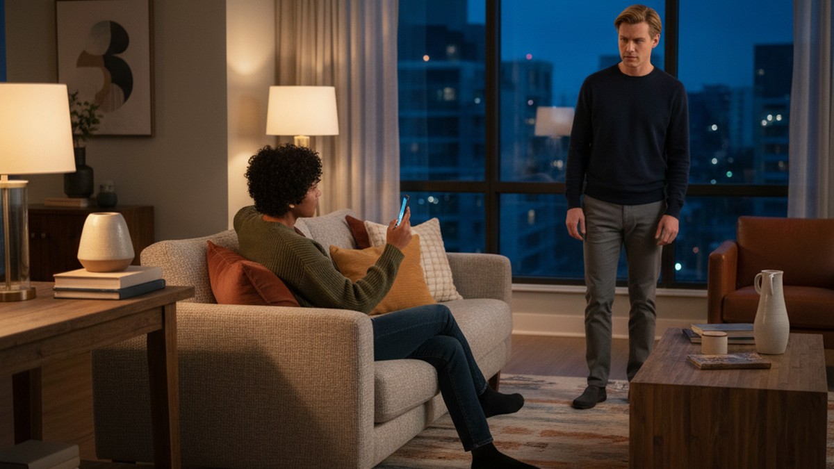 Couple in living room with phone-guarding behavior — warning signs of social media cheating