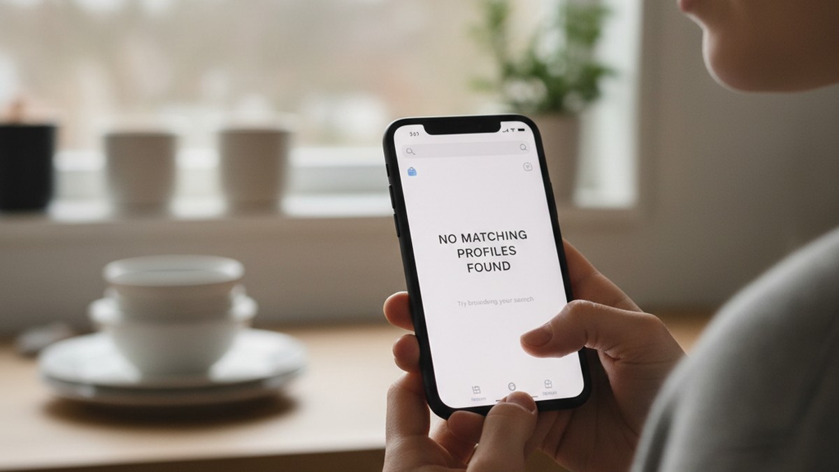 Hands holding smartphone showing empty search results for a dating profile lookup
