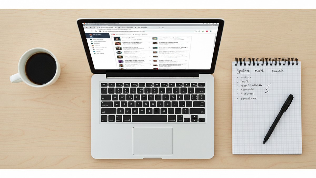 Overhead flat-lay of desk with laptop, notepad and pen comparing people search tools