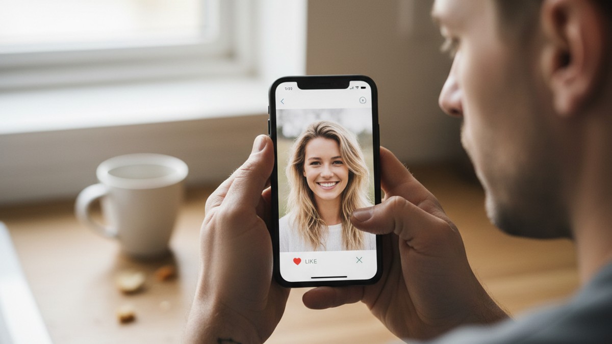 Hands examining a smartphone screen showing a dating profile photo