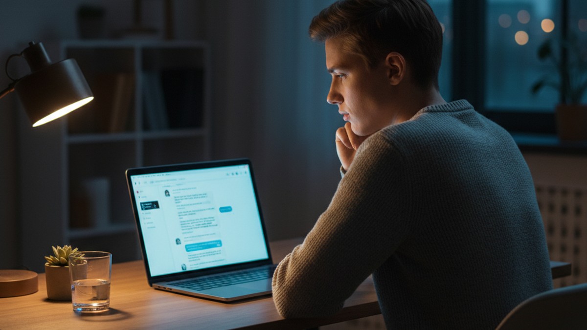 Person reading through dating app messages with a skeptical expression