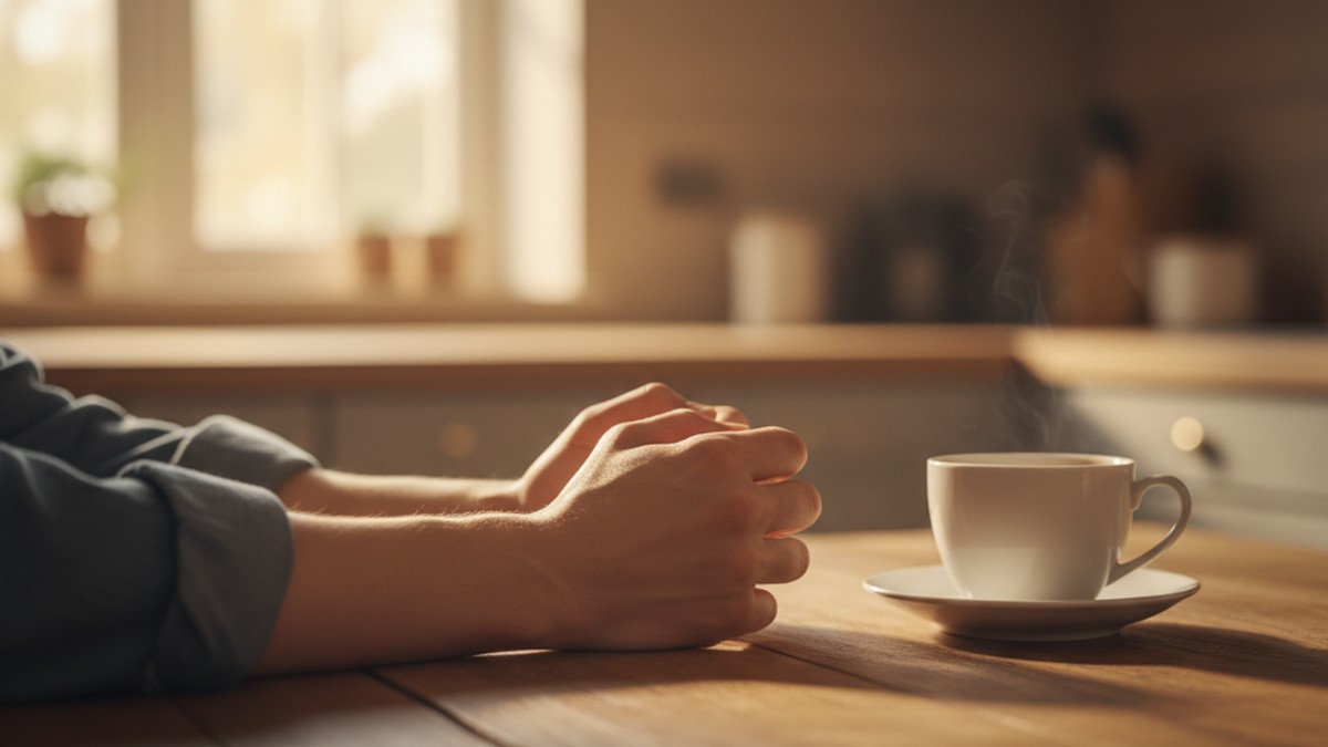 Hands resting beside untouched coffee, conveying quiet tension and relationship uncertainty