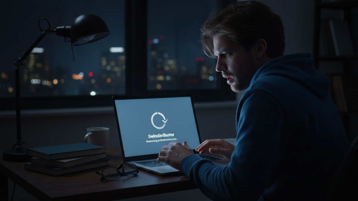 Person confused by website redirect on laptop screen at night