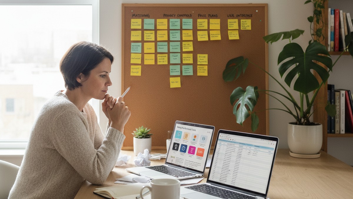 Comparing dating profile search tool alternatives at bright desk