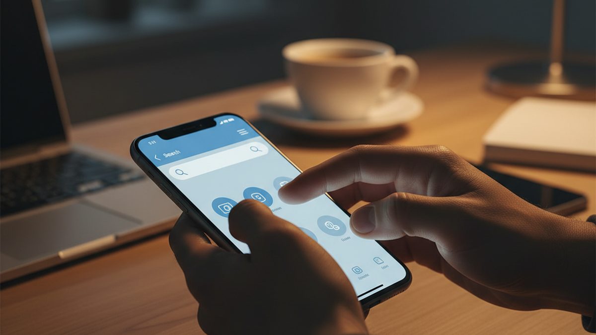 Hands typing a dating profile search query on a smartphone
