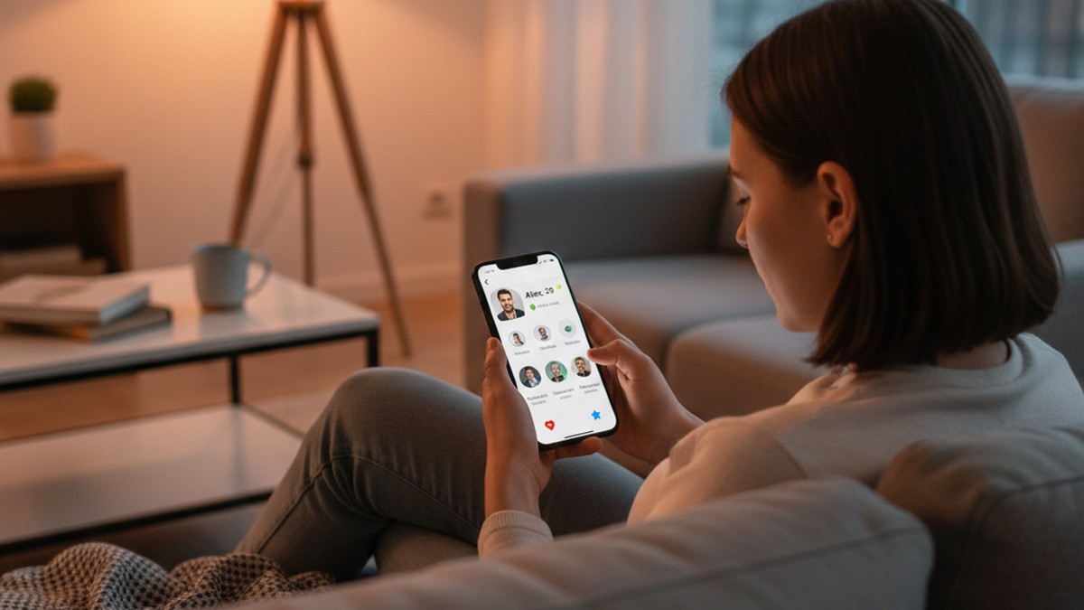 Over-the-shoulder view of someone checking activity status on a dating app
