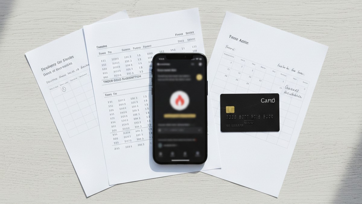 Overhead flat-lay of smartphone and credit card on desk, suggesting subscription evidence
