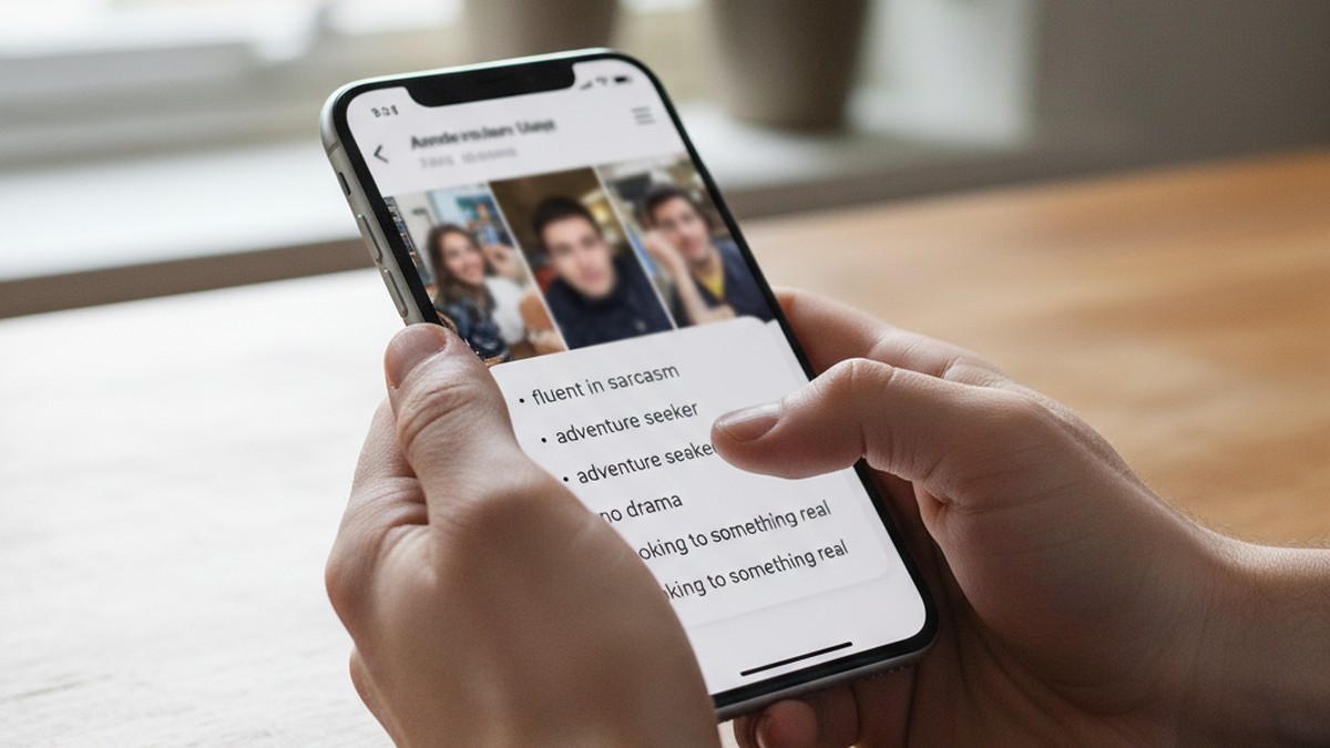 Hands reading a Tinder dating app bio on smartphone, close-up detail