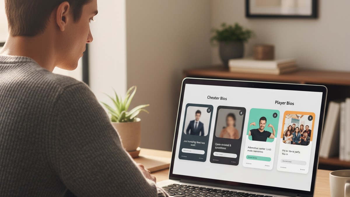 Person comparing dating app profiles on laptop screen, over-the-shoulder view