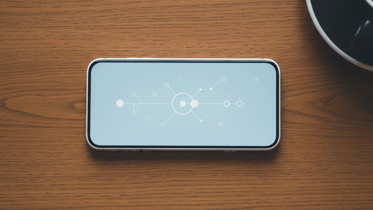 Smartphone face-up on wooden table showing illuminated screen, overhead view