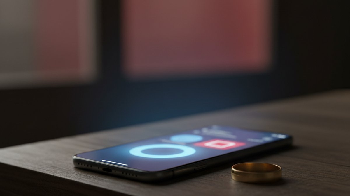 Smartphone showing dating app notifications next to a wedding ring on a bedside table