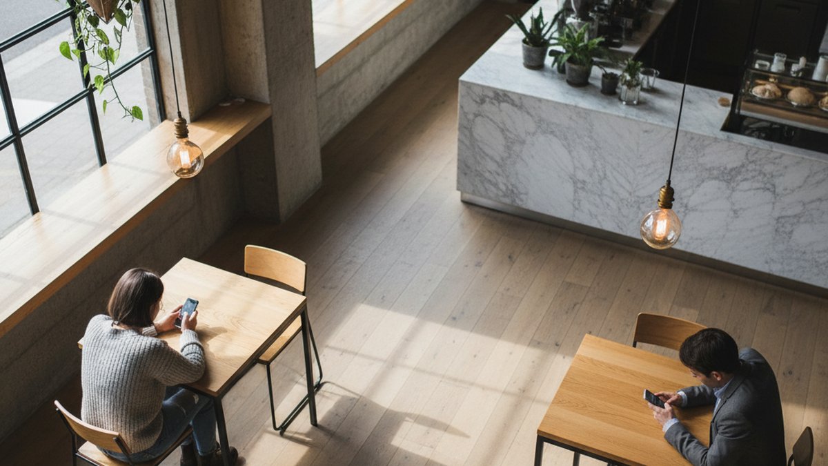 Two people at separate tables in a coffee shop, both looking at their smartphones