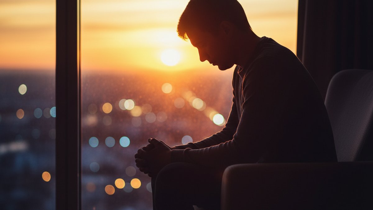 Silhouette of a person sitting alone by a window at dusk, contemplating
