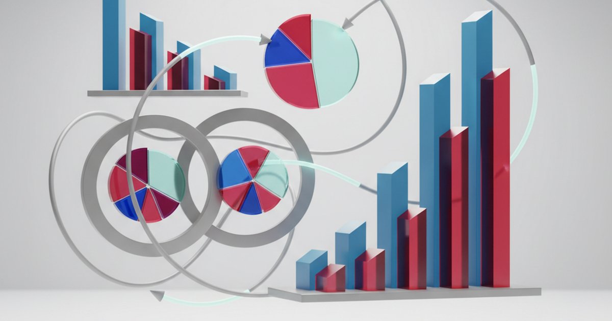 Abstract data visualization with 3D pie charts and bar graphs representing Tinder cheating statistics
