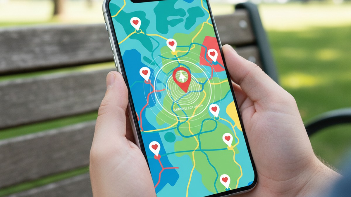 Hands holding phone showing location map — Tinder location algorithm