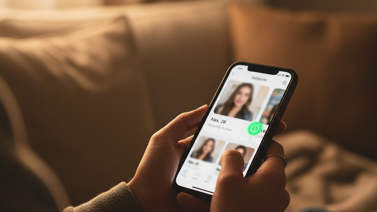 Hands holding smartphone showing dating app activity status indicator