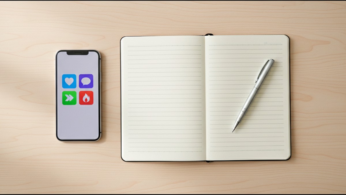 Flat-lay of smartphone and notepad on desk showing app activity patterns