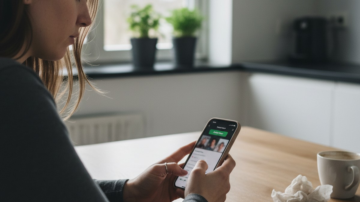 Woman at kitchen table looking at phone with concern about partner's activity status