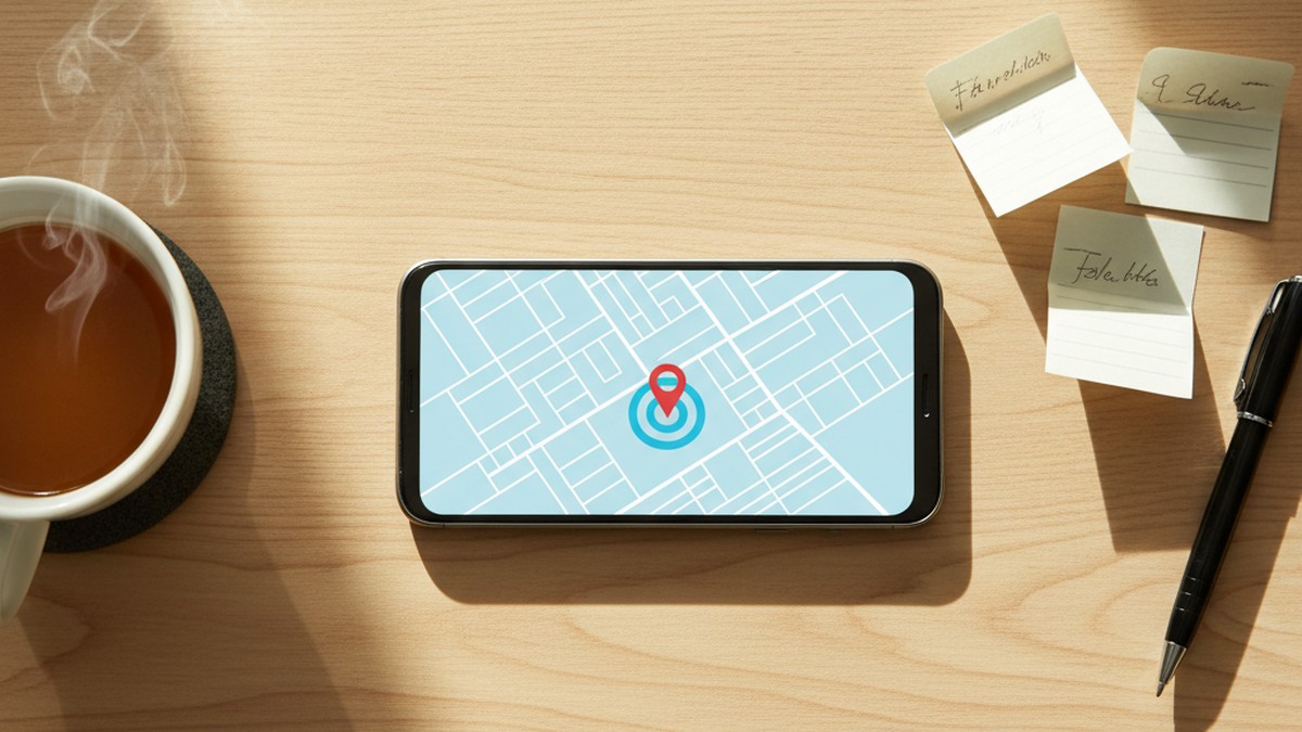 A smartphone on a wooden desk showing a map with a location pin, illustrating how Tinder GPS distance tracking works