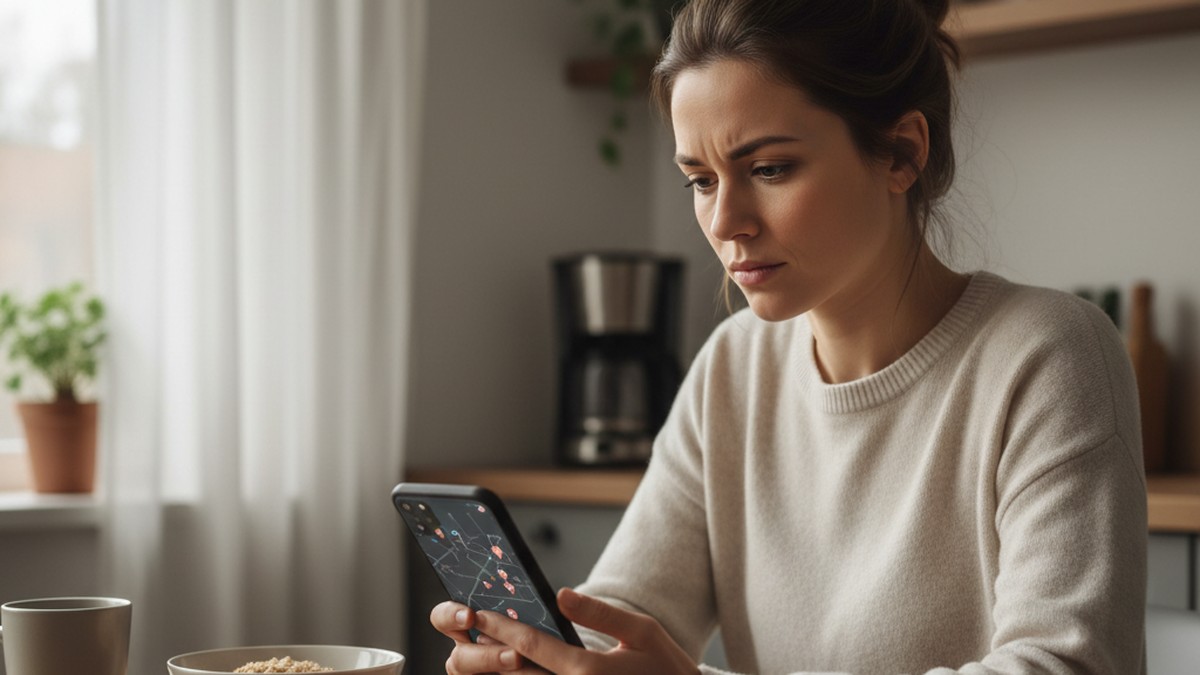 A woman checking her phone at a kitchen table, considering whether Tinder location data constitutes evidence of cheating