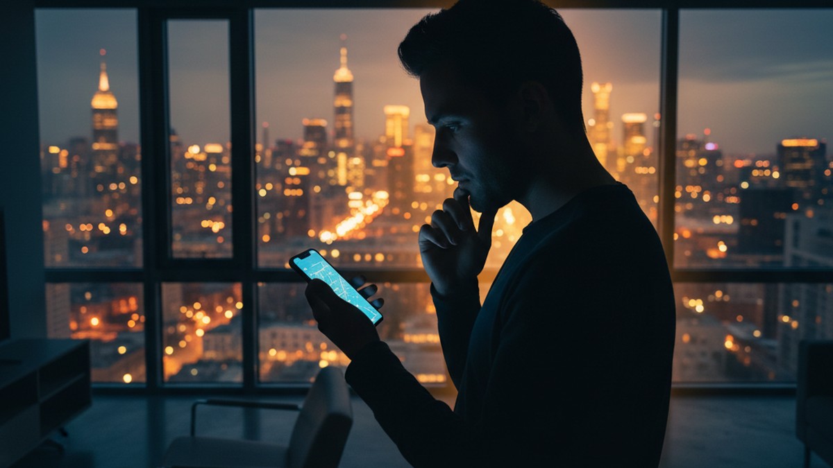 A person silhouetted against a window at dusk holding a glowing phone, representing how cheaters manipulate location data