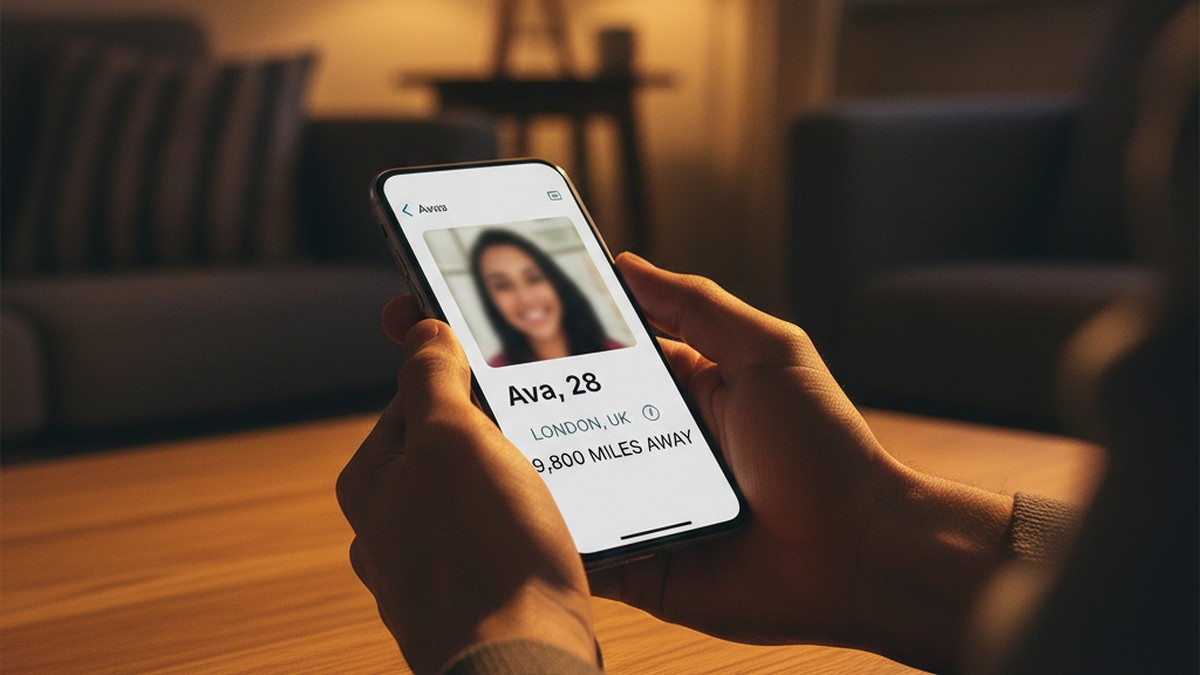 A person's hands holding a smartphone showing a dating app profile with a distant city indicator — a sign of Tinder Passport use