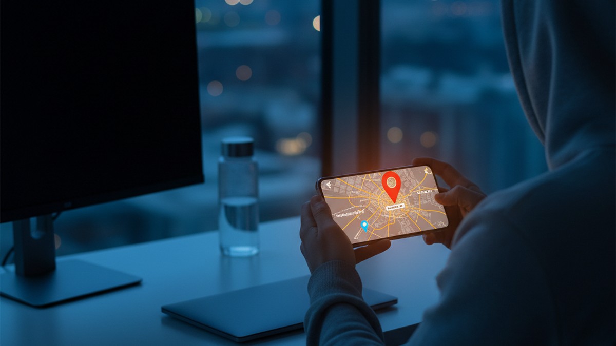 Over-the-shoulder view of a person checking a map app showing a location pin in a distant city, illustrating GPS location spoofing