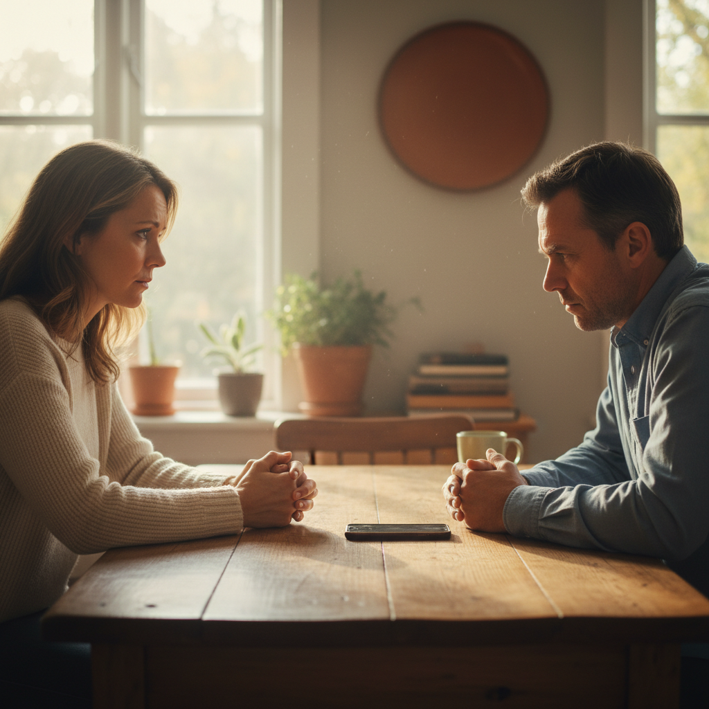 Couple having a serious conversation at kitchen table