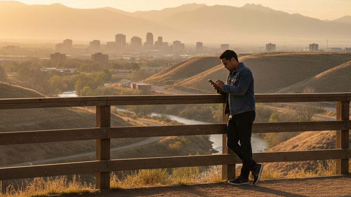 Person in a Boise park overlook scrolling their phone at golden hour