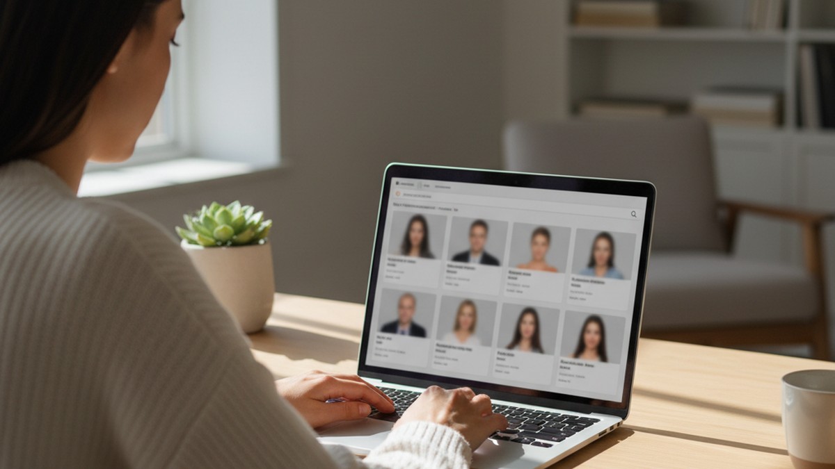 Over-the-shoulder view of someone searching for dating profiles on a laptop