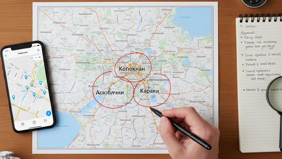 Overhead flat-lay of a map and notes showing Boise metro area research