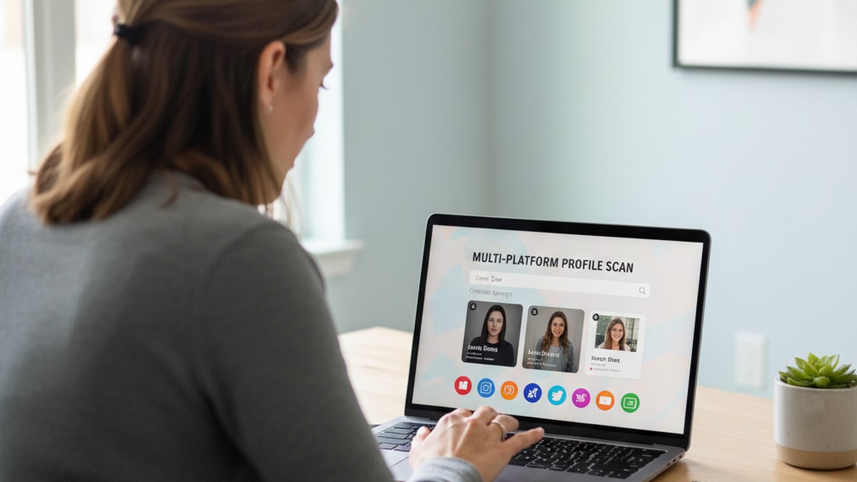 Person viewing laptop screen with dating profile search results in a Colorado Springs home office